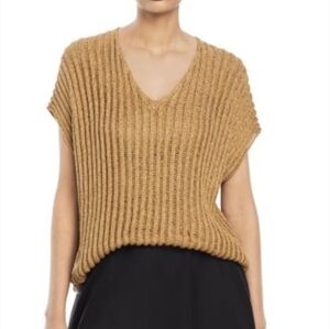 Lafayette 148 NY Gold Dropped Stitch V-Neck Sweater XL Cotton Silk